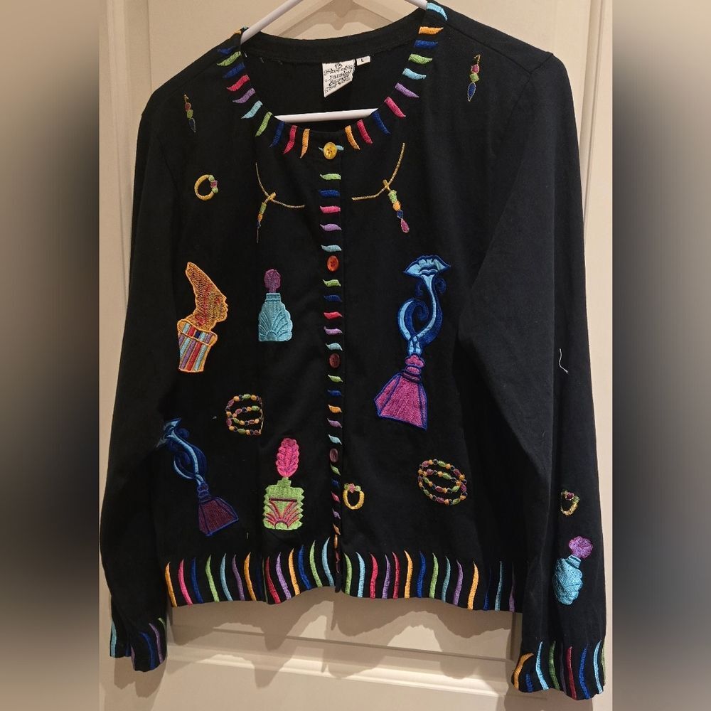 Vintage Parsley And Sage  Colorful Embroidered Black Jacket, Size L.